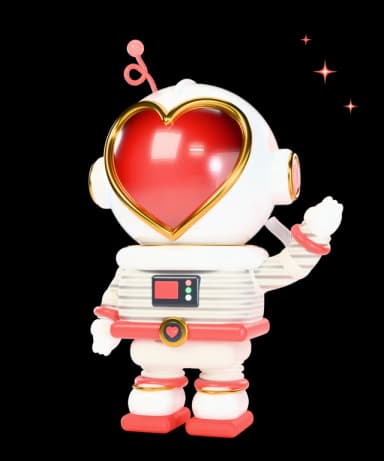 Love, a white astronaut with a glowing red heart-shaped visor, waving