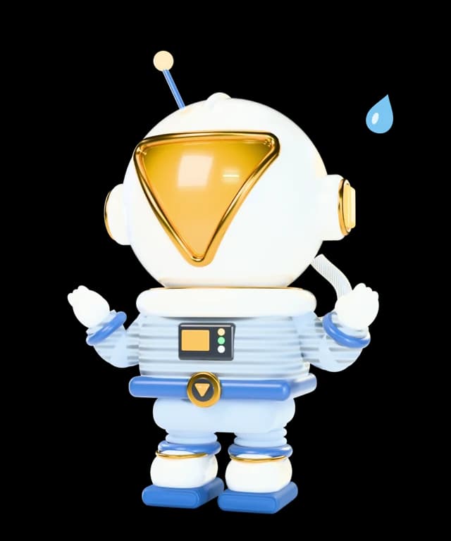 Mav, a pale blue astronaut with a glowing yellow triangle visor, shrugging
